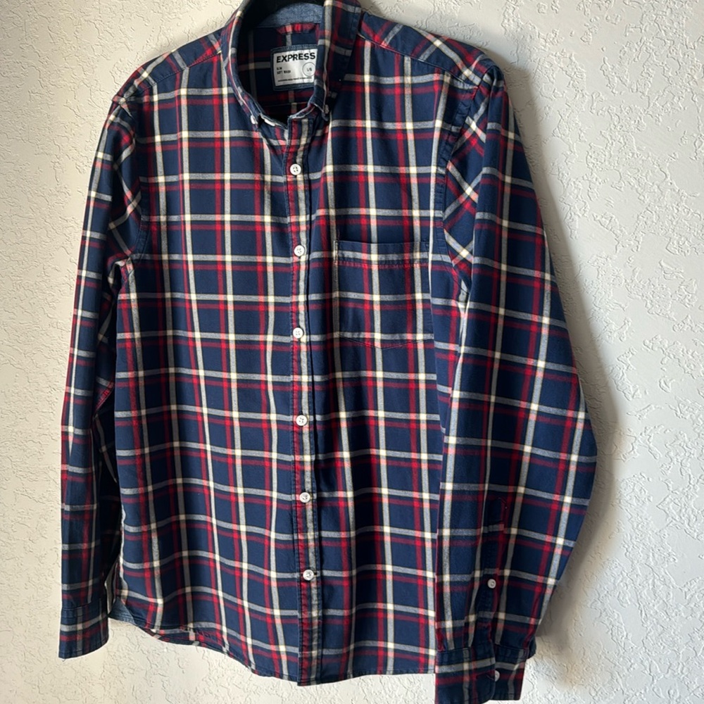 Express Men's Long Sleeve Button Down Shirt | Size L | Navy&Red Plaid | Casual